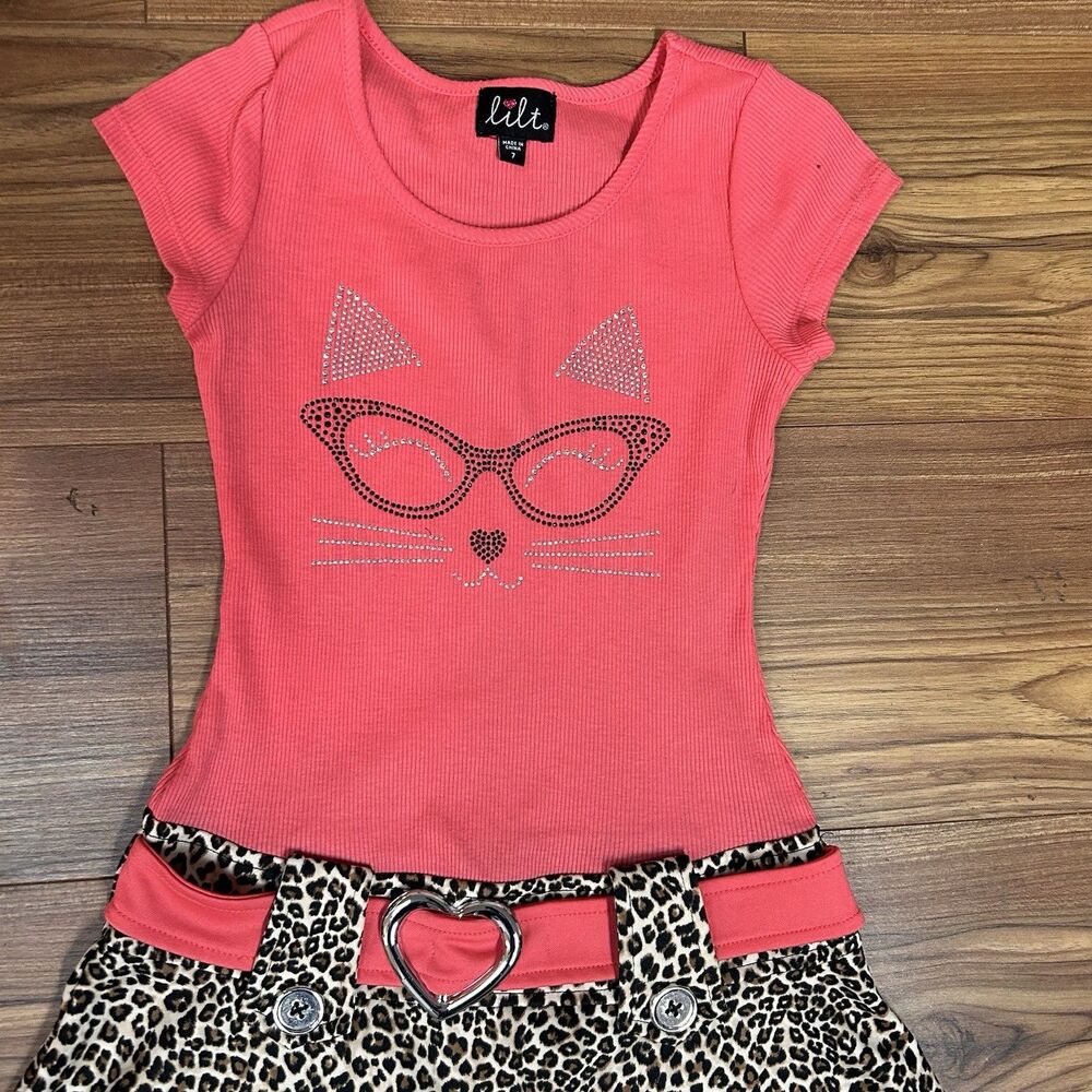 Lilt Girls Dress Size 7 Pink Cat Face Rhinestone Leopard Skirt Cute Outfit - Picture 2 of 7